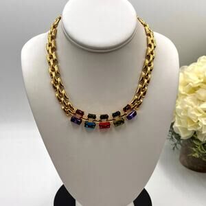 TRIFARI‎ Signed Vintage Gold Multicolored Cabochon Statement Collar Necklace